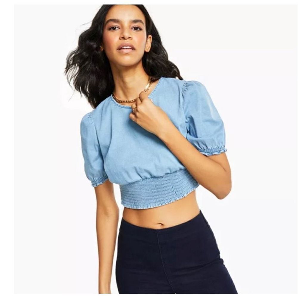 NEW WITH TAGS Bar III Chambray Puff-Sleeve Top WOMEN SIZE SMALL
